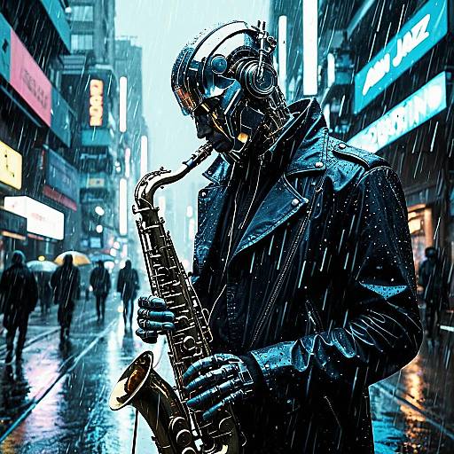 Cyberpunk Android Jazz Musician in Rain