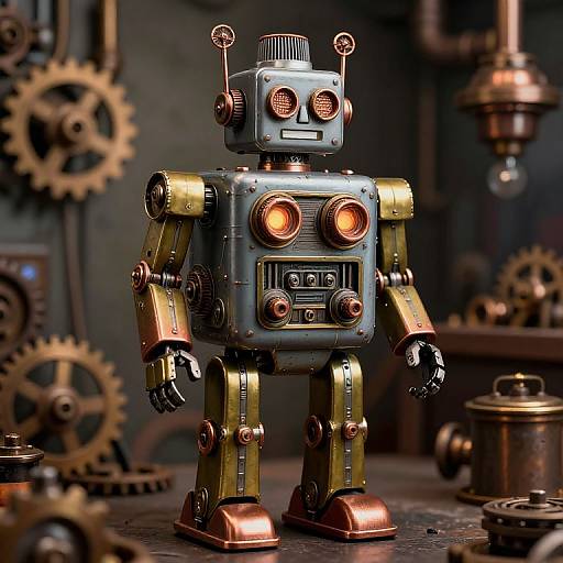 Photograph of a vintage-style, brass and steel robot with glowing orange eyes, standing in a dimly lit, industrial workshop filled with gears and machinery