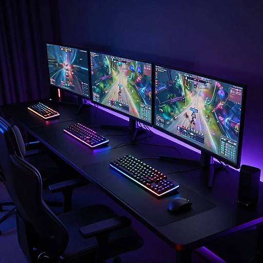 Photograph of a glowing, neon-lit gaming desk with three vibrant, illuminated monitors displaying a colorful racing game, keyboard, and mouse.