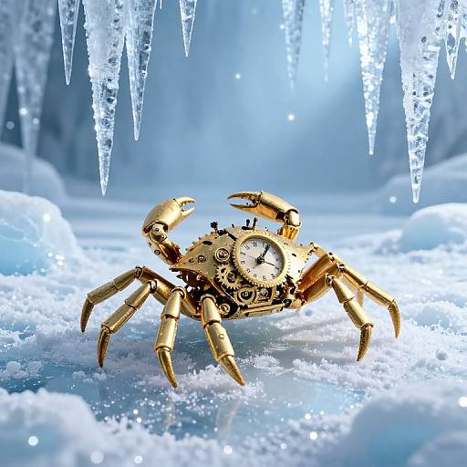 Photograph of a golden clockwork crab with gears and a clock face, standing on icy blue ground under hanging icicles.