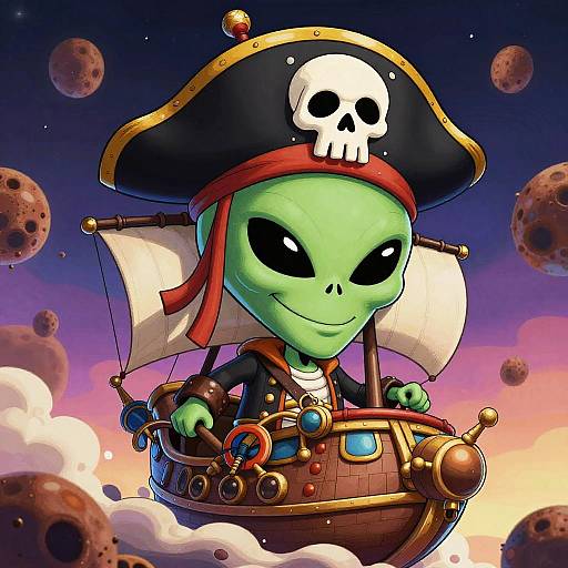 Digital cartoon of a green, alien pirate with a skull hat, black eyes, and a mischievous smile, sailing a wooden ship through a space