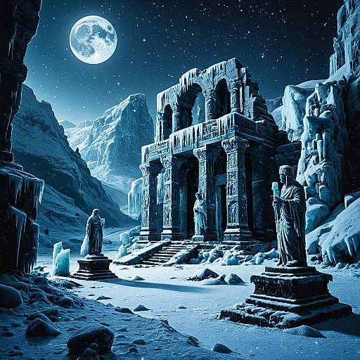 Ancient Icy Ruins Under Moonlight