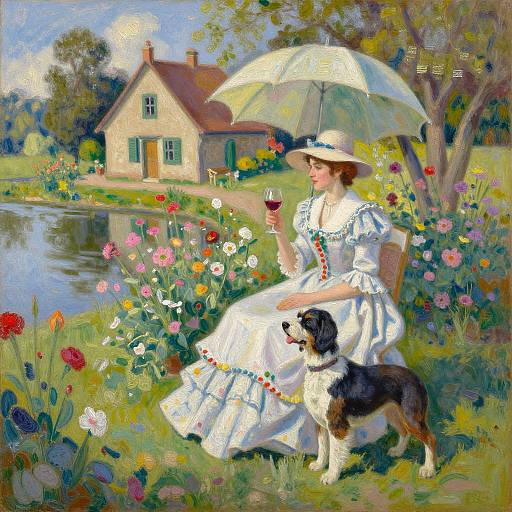 Impressionist painting of a woman in a white dress, hat, and parasol, holding wine, seated by a flower-filled garden, beside a