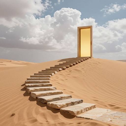 Photorealistic CGI of a stone staircase leading to a glowing yellow door in a sandy desert under a bright blue, cloudy sky.