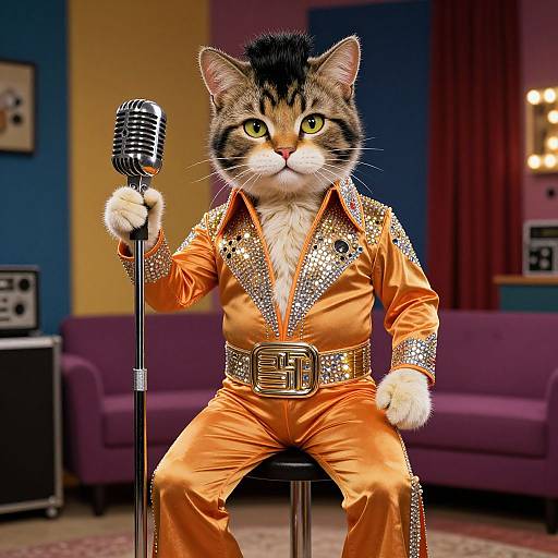 Photograph of a tabby cat in an orange, sparkly Elvis-style jumpsuit, holding a vintage microphone, sitting on a stool in a colorful