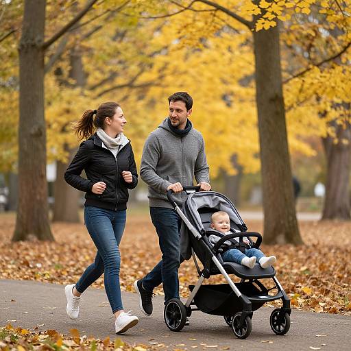 Photograph of a smiling Caucasian couple jogging in an autumn park, with yellow leaves, while pushing a baby in a black stroller. Both wear casual