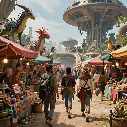 Fantasy market scene: Busy, colorful outdoor bazaar with vendors selling exotic goods, mythical dragon statues, and futuristic flying structures in the background. Photograph