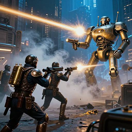 Photograph-like CGI: Two armored soldiers firing at a glowing blue robot in a smoky, neon-lit, futuristic city street. Bright laser beams