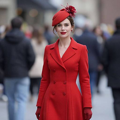 Photograph of a fair-skinned woman with red lipstick, dark brown hair, wearing a red coat, matching hat with feather, and gloves, standing