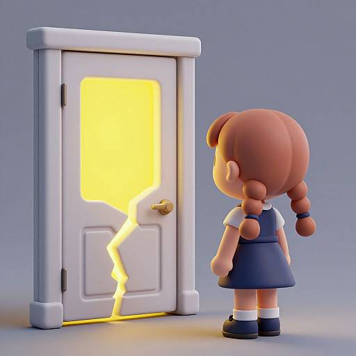 CGI cartoon of a girl with pigtails, blue dress, white shirt, and black shoes, facing a glowing, crackling white door.