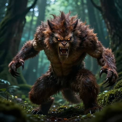 Digital illustration of a fierce, muscular werewolf with glowing orange eyes and sharp claws, snarling in a dark, misty forest.