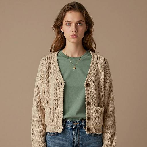 Young Woman in Beige Knitted Cardigan