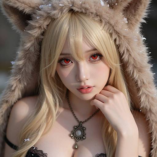 Digital anime-style portrait of a blonde woman with red eyes, wearing a furry wolf hat, black lace top, and ornate necklace, with a delicate
