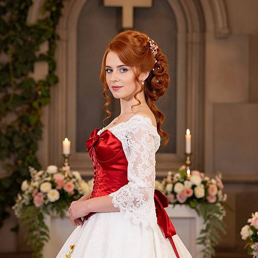 Photograph of a fair-skinned, red-haired woman in a red and white lace wedding dress, standing in a church with floral arrangements and lit candles