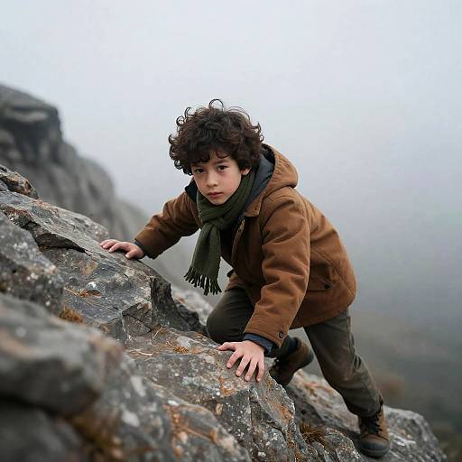 Brave Boy Climbing a Misty Mountain