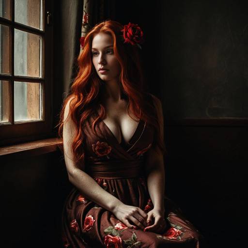Dramatic Portrait of Red-Haired Woman by Window