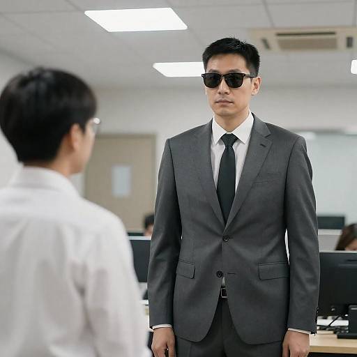 Confident Asian Man in Suit with Sunglasses in Office
