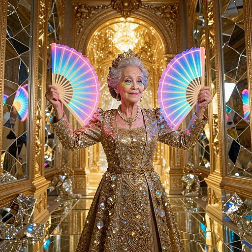 Elderly Regal Woman in Golden Hall of Mirrors