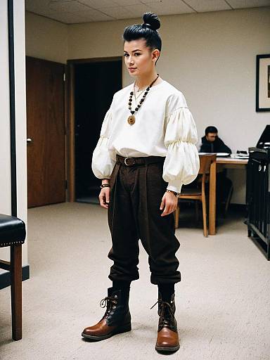 Young Man in Puffy Sleeve Shirt and Boots