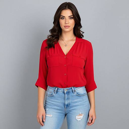 Photograph of a young woman with long, wavy black hair, wearing a red button-up shirt and light blue, distressed jeans, standing against a