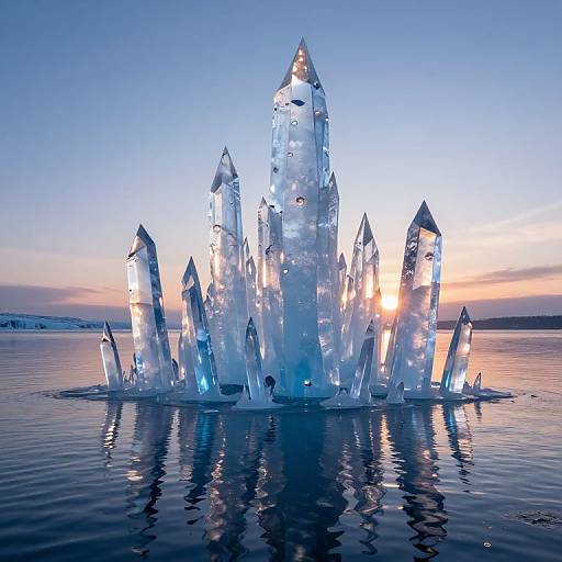 Photograph of a glowing, crystalline ice structure floating on a calm, reflective lake at sunset, with a clear, blue sky backdrop.