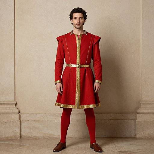 Photograph of a man with curly black hair in a red and gold medieval-style tunic, red tights, and brown shoes, standing against a