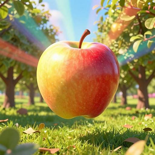 Photograph of a vibrant red and yellow apple floating above sunlit grass in an orchard, with blurred trees and a bright blue sky in the background