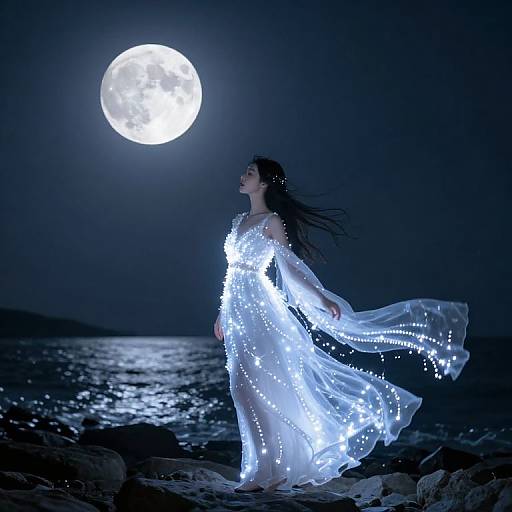 Photograph of a woman in a glowing, translucent white dress, illuminated by fairy lights, standing by a moonlit ocean at night.
