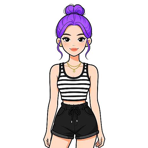 Digital drawing of a cute young woman with purple hair in a bun, wearing a striped black-and-white tank top and black shorts, smiling with a simple
