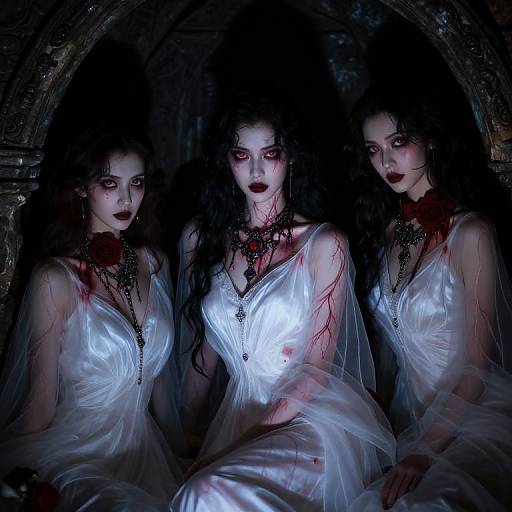 Gothic photograph of three pale women with dark hair, red eyes, and black lipstick, wearing sheer white dresses, surrounded by shadows, under an