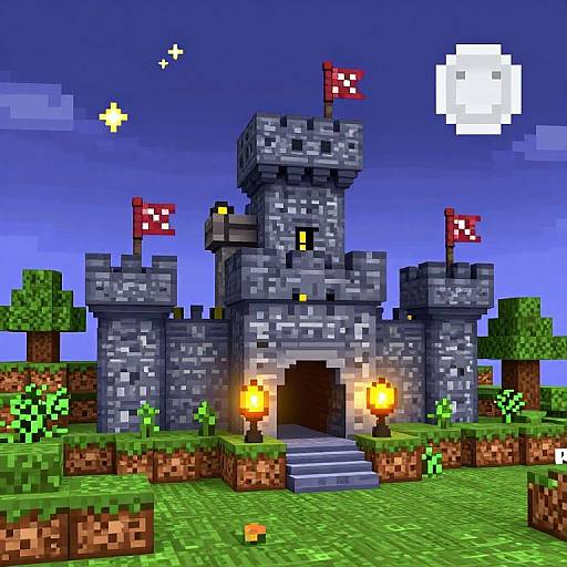 Pixel art of a gray stone castle with crenellated towers, red flags, glowing torches, and a full moon in a blue night sky