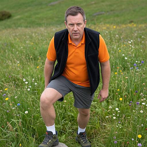 Middle-aged man in orange polo, black vest, gray shorts, white socks, black shoes, standing in lush, colorful meadow, mid-stride