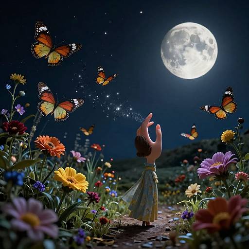 Photograph of a child in a floral dress, arms raised, facing a full moon, surrounded by vibrant flowers, and orange butterflies under a starry