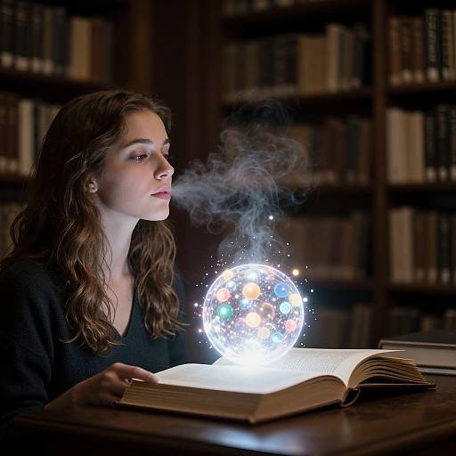 Photograph of a young woman with wavy brown hair, wearing a black top, gazing at a glowing, orb-like, magical book in a