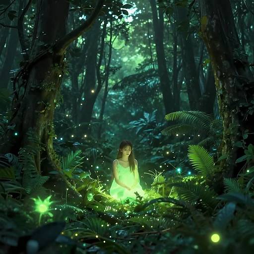 Digital fantasy artwork: A young girl with long brown hair sits in a glowing, bioluminescent forest, surrounded by enchanted fireflies and lush green
