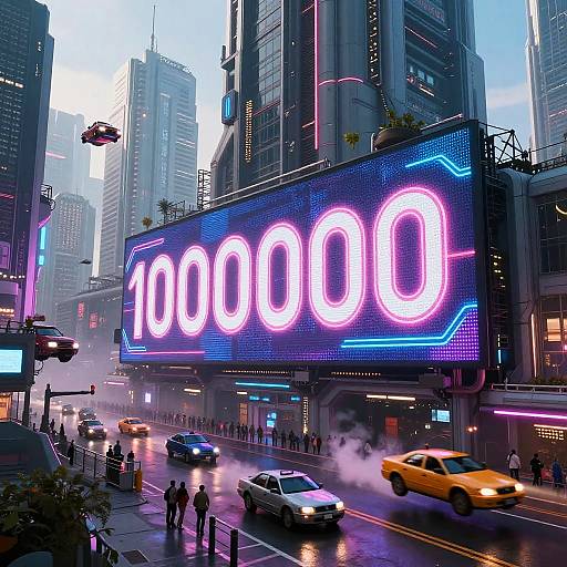 Neon-lit, futuristic city street scene with a massive digital display showing 