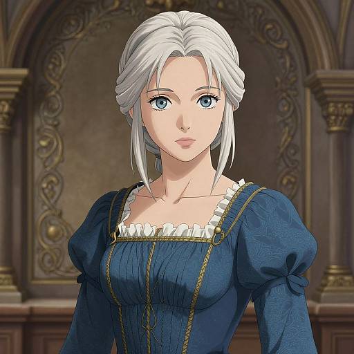 Digital anime-style portrait of a pale-skinned woman with white hair, blue eyes, and a blue medieval dress with gold trim and white lace. Orn