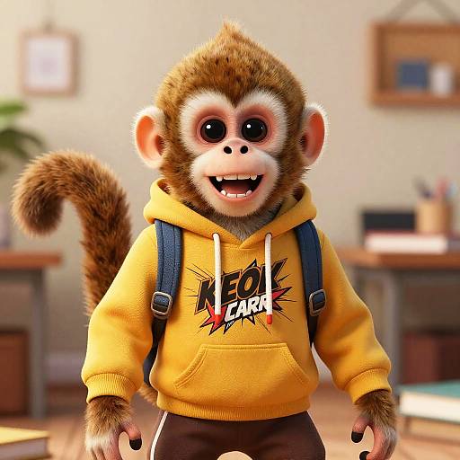 CGI image of a cute, brown-furred monkey wearing a yellow 