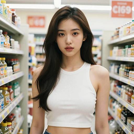 Young Woman in White Crop Top in Store Aisle