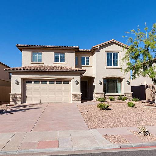 Photograph of a two-story beige stucco house with a red-tiled roof, double garage, and landscaped desert front yard under a bright