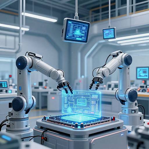 Photograph of a futuristic robotic workstation with dual white robotic arms, focused on a glowing blue holographic grid in a sleek, brightly lit industrial lab.