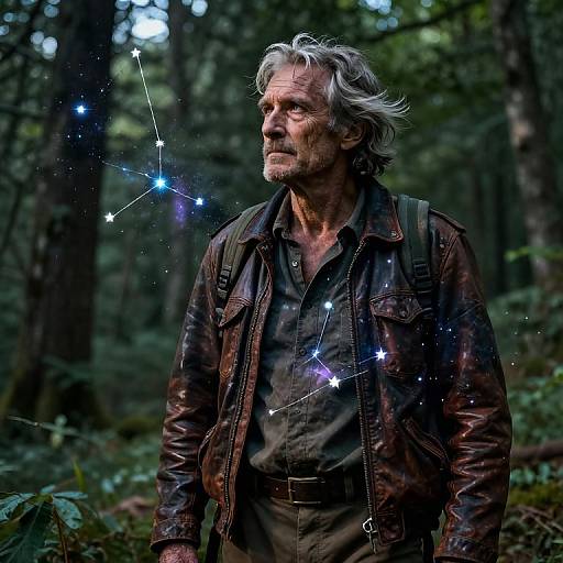 Photorealistic image of grizzled, middle-aged man with gray hair and beard, wearing brown leather jacket, standing in forest, gazing upward
