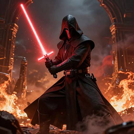 Photorealistic digital artwork of a hooded Sith warrior with glowing red lightsaber, standing amid fiery ruins and dark, smoke-filled arches.