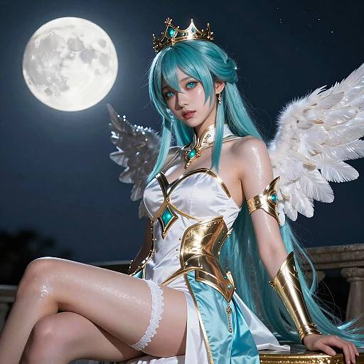 CGI image of a blue-haired woman in a white and gold angelic costume with wings, sitting under a full moon.