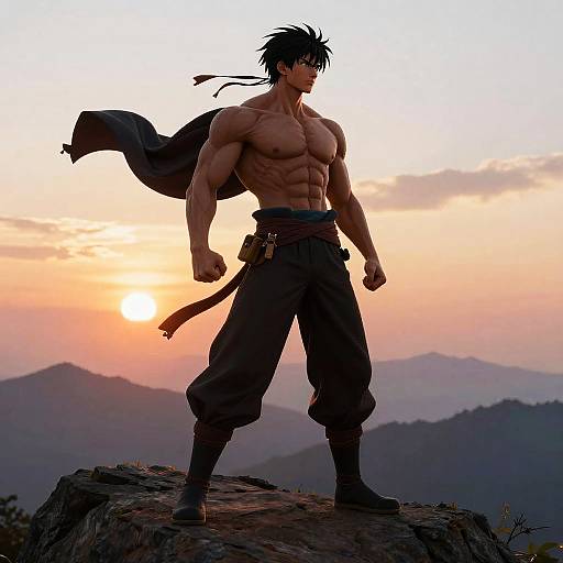 Muscular anime man with black hair and cape, standing on rocky cliff at sunset, silhouetted against orange sky and mountains.