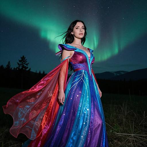 Photograph of a pale-skinned woman with dark hair in a colorful, galaxy-themed, off-shoulder dress, standing under green Northern Lights,