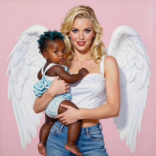 Photograph of a blonde woman with white angel wings, wearing a white tank top and blue jeans, holding a dark-skinned baby with curly hair,