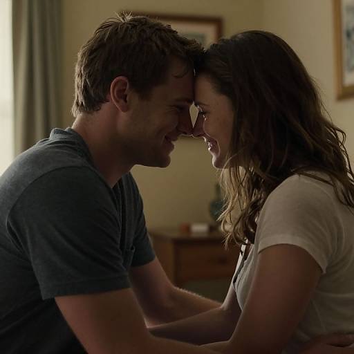 Photograph of a couple, man in gray shirt, woman in white, touching foreheads, smiling, indoors, soft lighting, intimate moment.