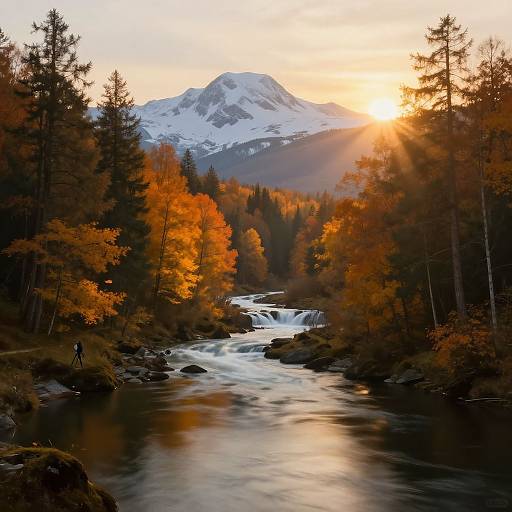 Photograph of a sunlit autumn forest with a snowy mountain peak in the background, golden trees, and a flowing river reflecting the sunset.