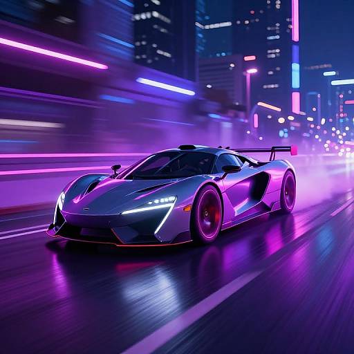 Neon-lit, high-speed night scene of a sleek, futuristic, purple and blue sports car with glowing headlights, speeding down a city street.